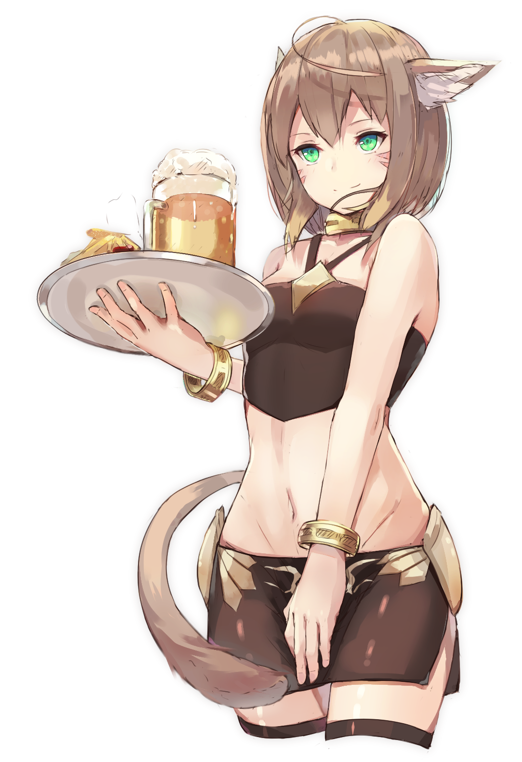 1girl ahoge alcohol animal_ears aqua_eyes bangs bare_shoulders beer beer_mug black_skirt bracelet brown_hair cat_ears cat_girl cat_tail closed_mouth crop_top cropped_legs facial_mark final_fantasy final_fantasy_xiv groin highres jewelry miniskirt miqo'te navel saucer short_hair side_slit simple_background skirt smile solo tail tota_(sizukurubiks) white_background