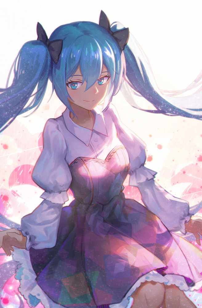 1girl black_bow blue_eyes blue_hair bow cha_(pixiv12794171) closed_mouth collared_shirt eyebrows_visible_through_hair hair_bow hatsune_miku long_hair long_sleeves looking_at_viewer shirt smile solo twintails vocaloid