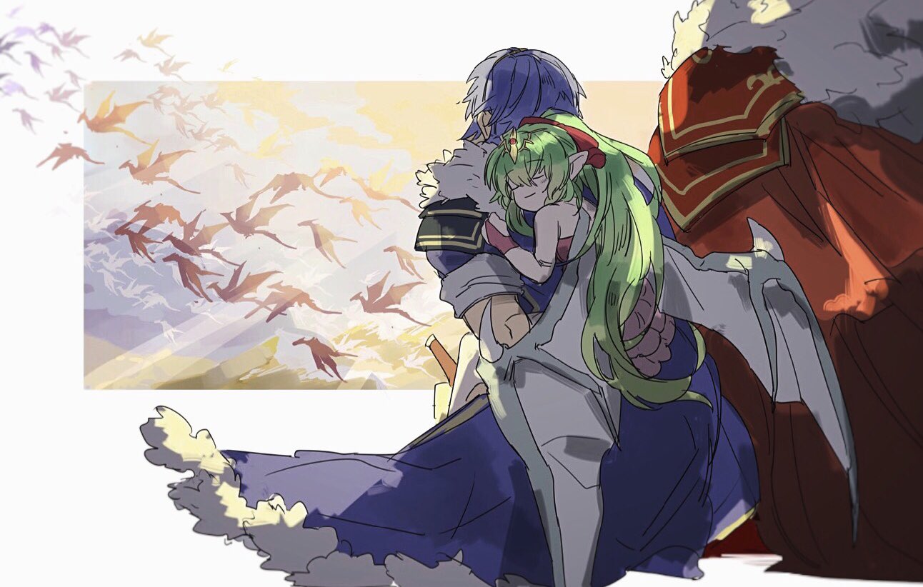 1girl 2boys blue_hair cape chiki closed_eyes dragon fire_emblem fire_emblem:_mystery_of_the_emblem fire_emblem_heroes green_eyes green_hair hardin long_hair mamkute marth multiple_boys nintendo nonomori_(anst_nono) pointy_ears ponytail short_hair simple_background sleeping swimsuit tiara