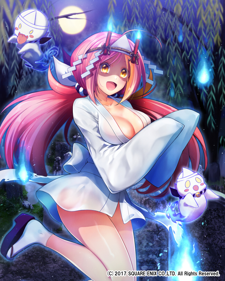 1girl :d ahoge breasts cleavage full_moon ghost hitodama ittokyu large_breasts long_hair looking_at_viewer moon night night_sky official_art open_mouth pink_hair shide sky smile solo standing standing_on_one_leg tree venus_rumble watermark white_legwear wide_sleeves yellow_eyes