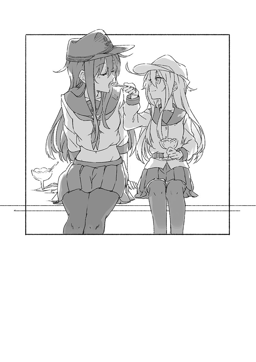 2girls akatsuki_(kantai_collection) anchor_symbol closed_eyes commentary cosmic_(crownclowncosmic) crop_top feeding flat_cap greyscale hat height_difference hibiki_(kantai_collection) kantai_collection long_hair long_sleeves miniskirt monochrome multiple_girls older pantyhose pleated_skirt school_uniform serafuku sitting skirt spoon thigh-highs verniy_(kantai_collection)