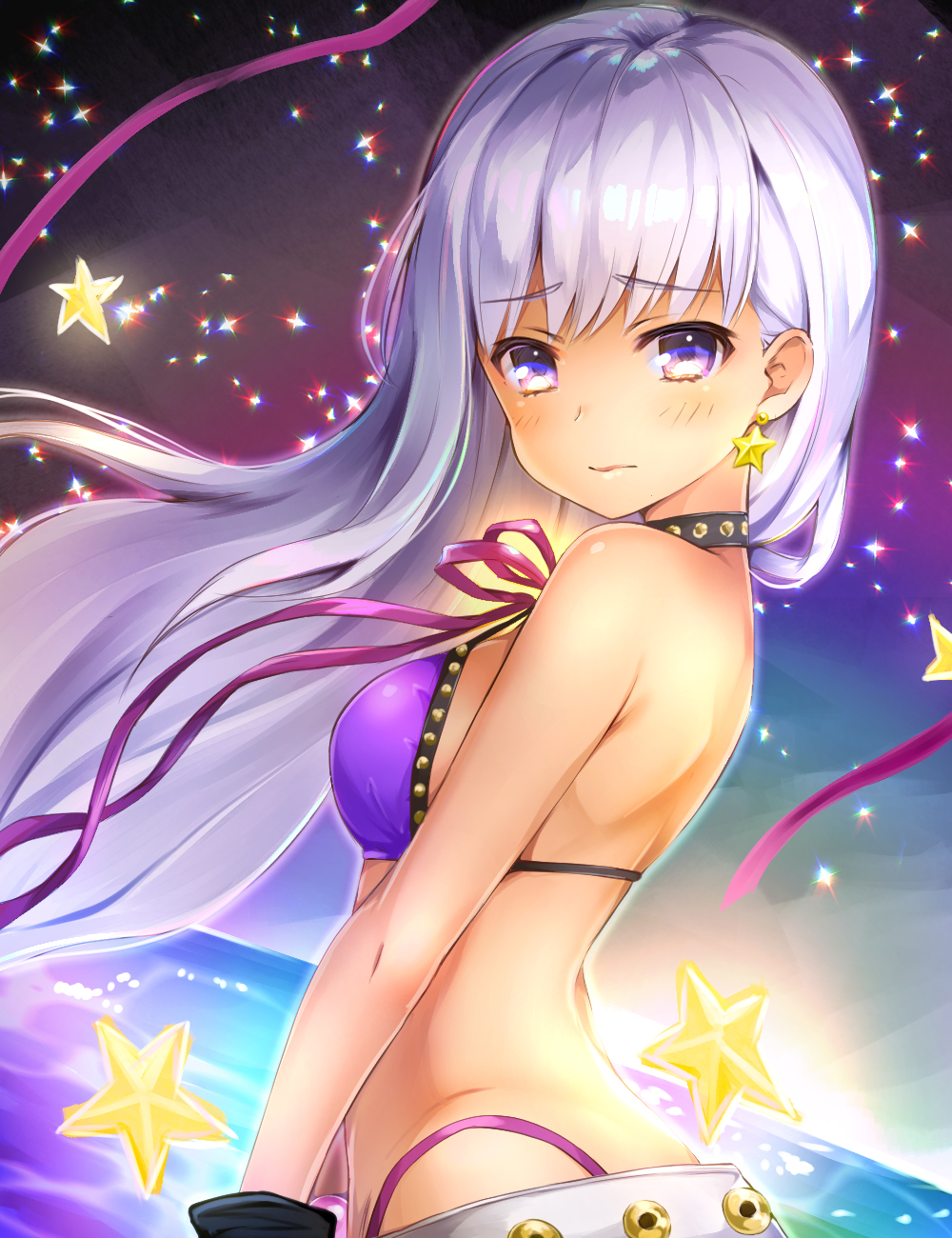 1girl bangs bare_shoulders bb_(fate)_(all) bb_(swimsuit_mooncancer)_(fate) bikini blush breasts closed_mouth commentary_request earrings eyebrows_visible_through_hair fate/grand_order fate_(series) from_side highres jewelry lavender_hair long_hair looking_at_viewer looking_back looking_to_the_side medium_breasts pilokey purple_bikini solo star star_earrings swimsuit very_long_hair violet_eyes