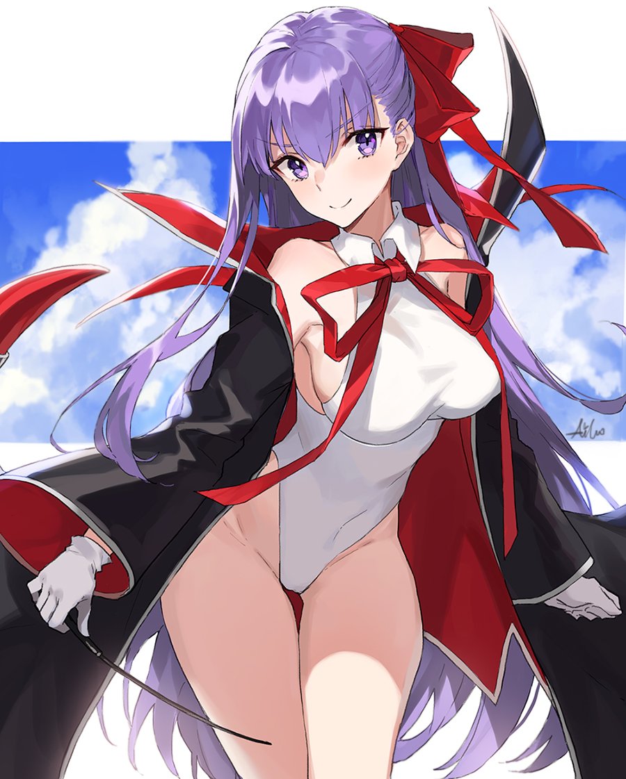 1girl aiko_(kanl) bb_(fate)_(all) bb_(swimsuit_mooncancer)_(fate) black_coat blue_sky breasts clouds cowboy_shot fate/grand_order fate_(series) gloves large_breasts leaning_forward leotard long_hair looking_at_viewer popped_collar purple_hair signature sky smile solo standing thigh_gap violet_eyes wand white_gloves white_leotard