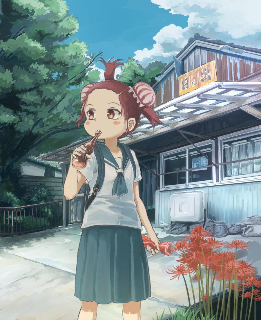 1girl backpack bag blue_neckwear blue_sailor_collar blue_skirt blue_sky blush building bun_cover clouds cloudy_sky commentary_request day drinking fence flower forehead holding kamemaru neckerchief original outdoors pleated_skirt red_flower redhead sailor_collar school_uniform serafuku shirt skirt sky solo spider_lily standing topknot tree twintails white_shirt yellow_eyes