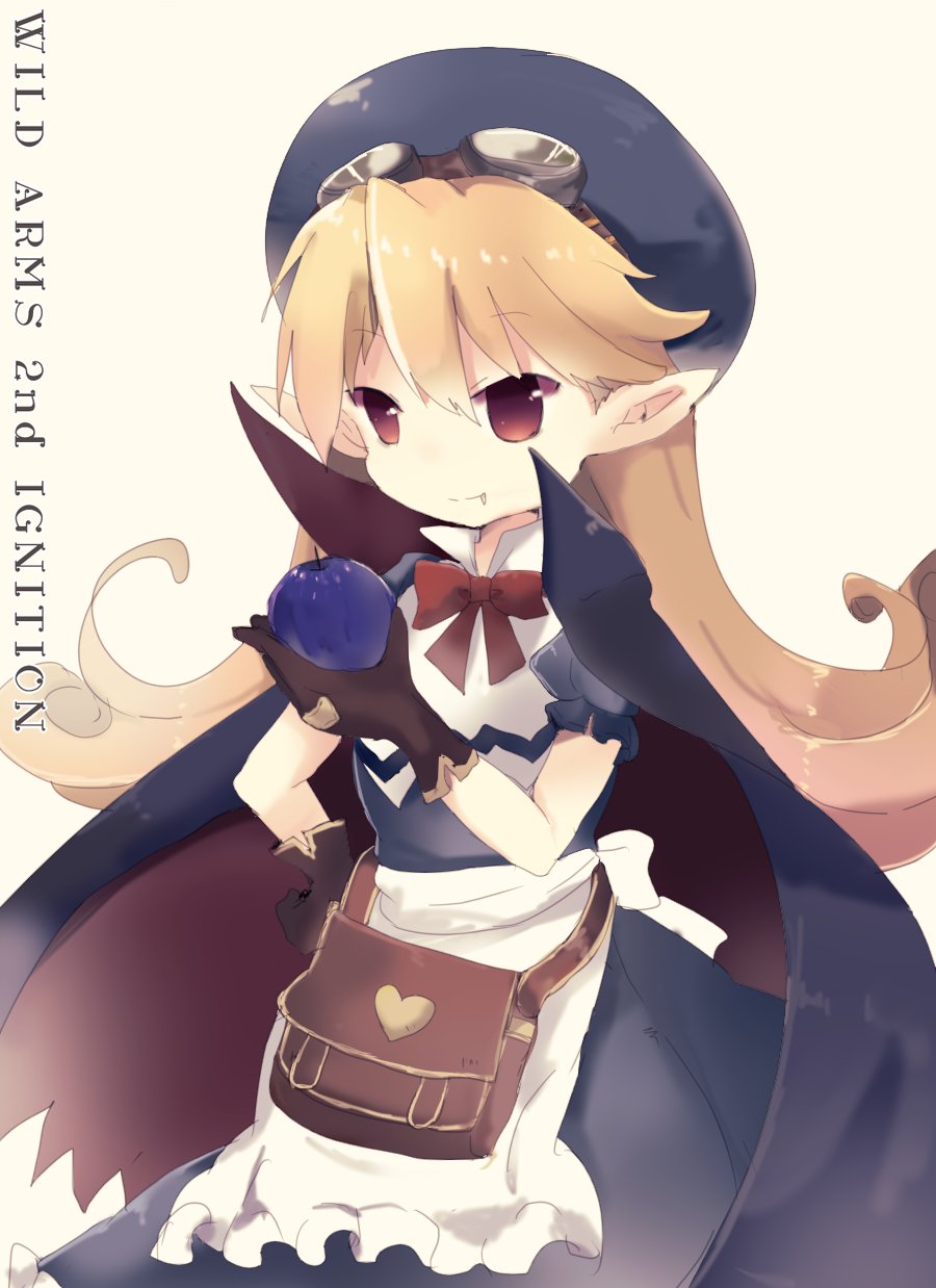 1girl apron bag blonde_hair blue_hat bow cape commentary_request curly_hair dress fang gloves goggles goggles_on_head hat highres long_hair marivel_armitage pointy_ears red_eyes ribbon smile solo vampire wild_arms wild_arms_2
