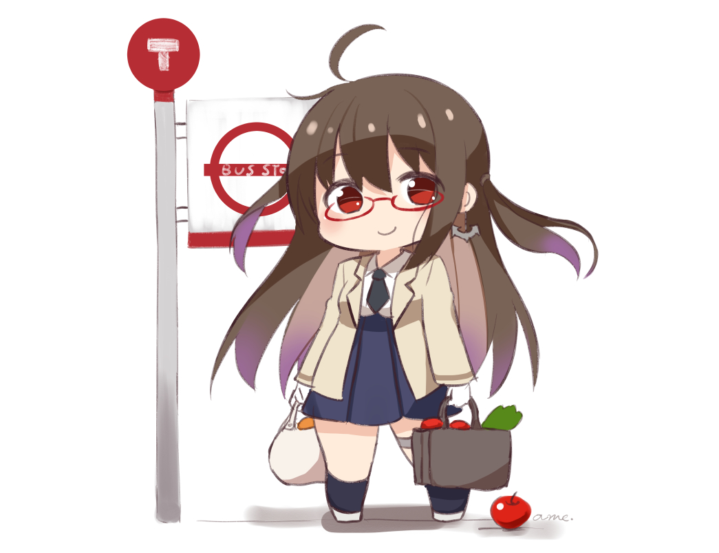 1girl ahoge ame. anchor_earrings apple azur_lane bag bangs beige_jacket black_legwear black_neckwear blue_skirt blush brown_hair bus_stop chibi closed_mouth collared_shirt earrings eyebrows_visible_through_hair food fruit glasses hair_between_eyes head_tilt high-waist_skirt holding holding_bag jacket jewelry kneehighs london_(azur_lane) long_hair necktie open_clothes open_jacket paper_bag pleated_skirt red-framed_eyewear red_apple red_eyes semi-rimless_eyewear shirt shopping_bag short_necktie sign signature skirt smile solo standing two_side_up under-rim_eyewear very_long_hair white_footwear white_shirt