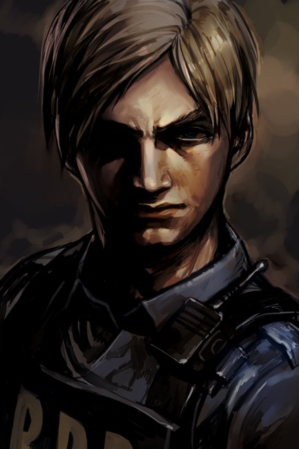 1boy black_eyes blonde_hair blue_shirt bulletproof_vest closed_mouth dark grey_background hankuri leon_s_kennedy looking_at_viewer male_focus police police_uniform resident_evil shirt solo uniform upper_body walkie-talkie