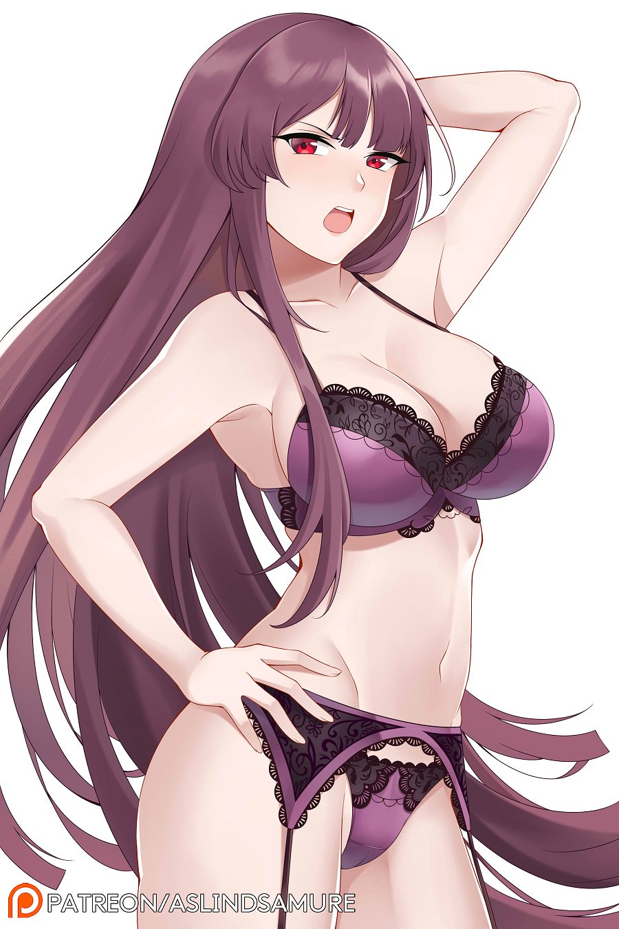 1girl aslindsamure blush bra breasts cleavage garter_belt girls_frontline hand_on_hip highres lace lace-trimmed_bra lace-trimmed_panties lace_trim large_breasts lingerie long_hair panties purple_bra purple_hair purple_panties red_eyes simple_background solo underwear very_long_hair wa2000_(girls_frontline)