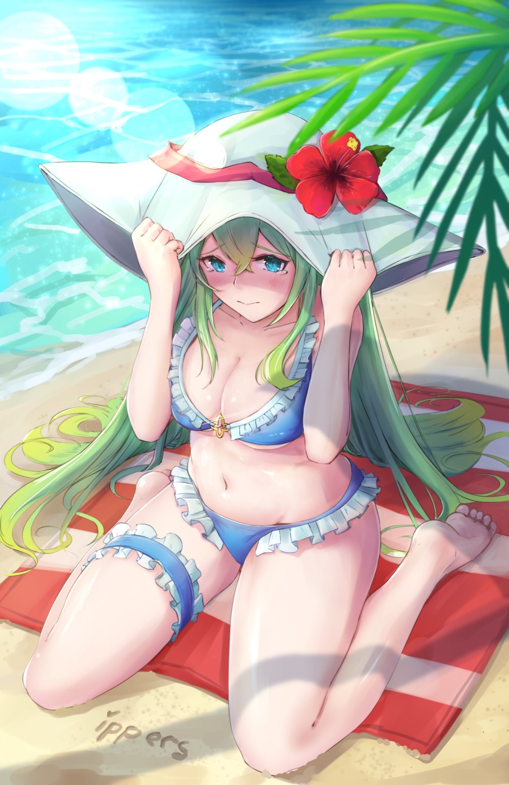 1girl alternate_costume bare_shoulders beach beach_towel bikini blue_eyes blush breasts cleavage closed_mouth commentary english_commentary fern fire_emblem fire_emblem:_souen_no_kiseki fire_emblem_heroes frills green_hair hat highres holding holding_hat ippers large_breasts lens_flare long_hair looking_at_viewer navel nephenee nintendo outdoors sand sitting solo sun_hat swimsuit thigh_strap towel very_long_hair wariza water