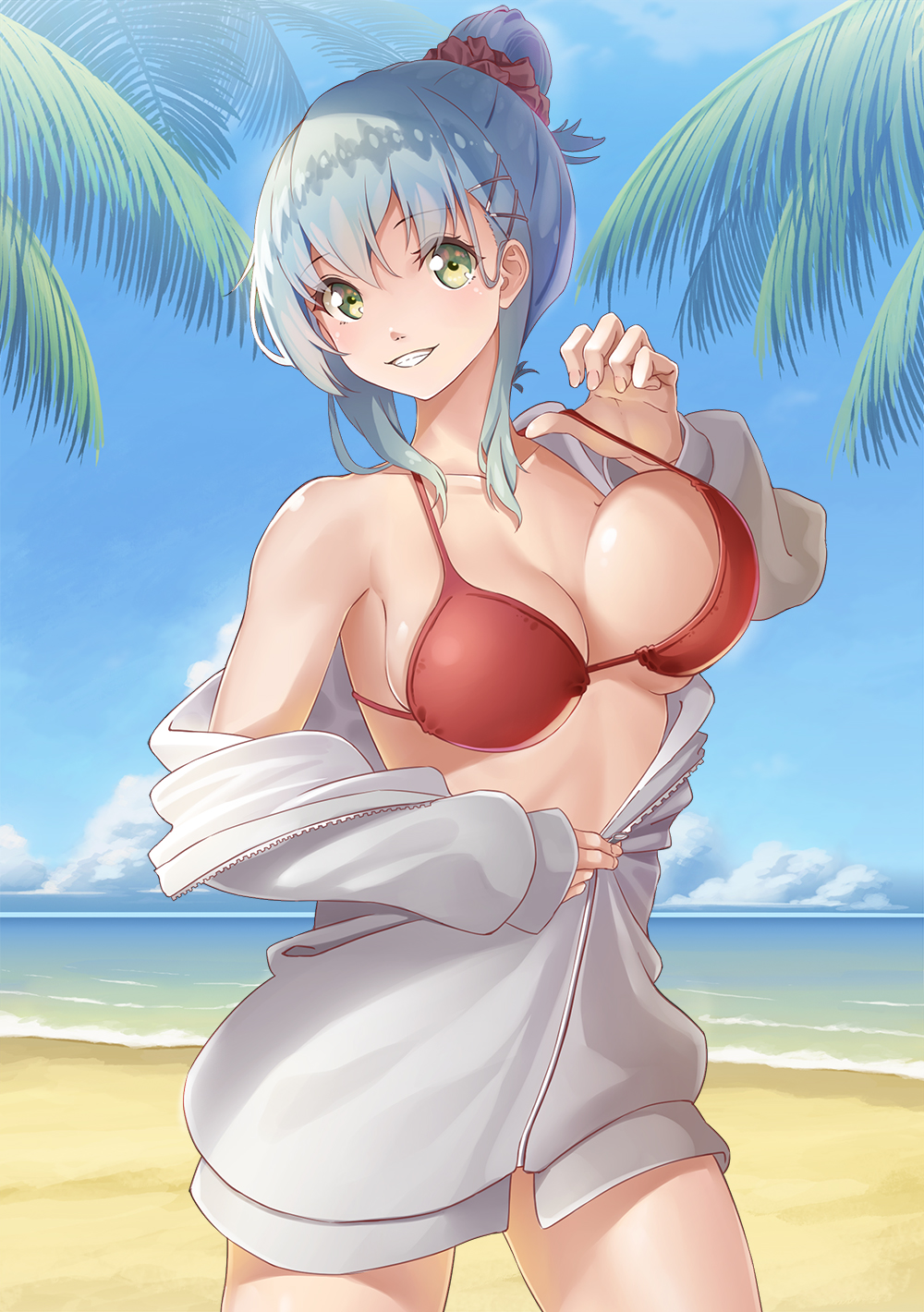 1girl alternate_hairstyle aqua_hair beach bikini blue_sky blush breasts closed_mouth clouds eyebrows_visible_through_hair green_eyes hair_between_eyes hair_ornament hairclip highres kantai_collection large_breasts long_hair looking_at_viewer ocean palm_tree red_bikini sky smile solo suzuya_(kantai_collection) swimsuit tree yamakou_(yamakou_e2)