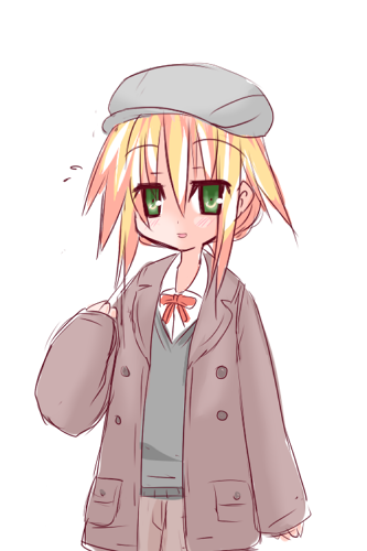 1girl bangs beret blonde_hair blush brown_coat brown_pants coat collared_shirt commentary_request eyebrows_visible_through_hair flying_sweatdrops green_eyes grey_hat hair_between_eyes hand_up hat hono long_sleeves looking_at_viewer lowres official_art open_clothes open_coat pants parted_lips shirt sidelocks simple_background sleeves_past_wrists smile solo sora_(suguri) suguri sweater_vest white_background white_shirt