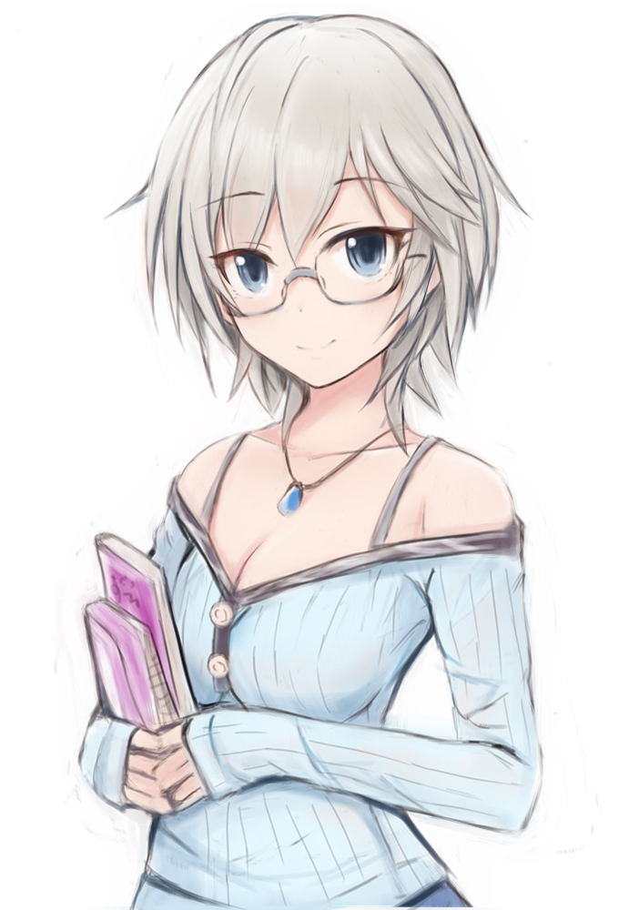 1girl anastasia_(idolmaster) bangs bare_shoulders blue_eyes blue_sweater blush book breasts buttons closed_mouth collarbone eyelashes glasses hair_between_eyes holding holding_book idolmaster idolmaster_cinderella_girls jewelry long_sleeves looking_at_viewer medium_breasts nannacy7 necklace off-shoulder_sweater pendant ribbed_sweater short_hair silver_hair simple_background smile solo sweater white_background