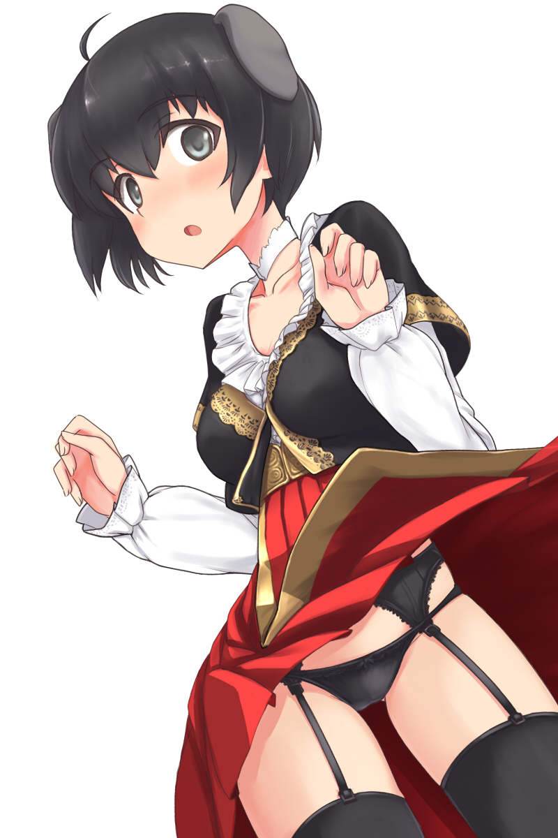 1girl :o a9b_(louis814) ahoge animal_ears ass_visible_through_thighs bangs black_eyes black_garter_belt black_hair black_legwear black_panties blush breasts choker collarbone commentary_request covered_nipples dog_ears dog_girl dutch_angle european_clothes eyebrows_visible_through_hair eyes_visible_through_hair fingernails frilled_sleeves frills garter_belt gold_trim hair_between_eyes highres italian_clothes lace lace-trimmed_garter_belt lace-trimmed_panties long_sleeves looking_at_viewer lowleg lowleg_panties luciana_mazzei open_mouth panties panties_over_garter_belt pantyshot short_hair short_over_long_sleeves short_sleeves simple_background sleeves_past_wrists small_breasts solo standing strike_witches surprised thigh-highs thigh_gap thighs underwear white_background white_choker world_witches_series