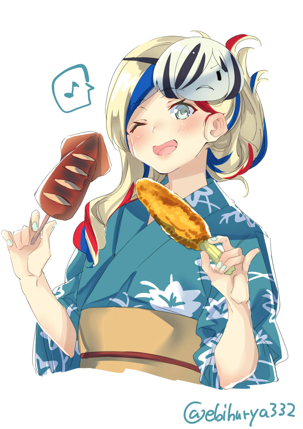 1girl alternate_hairstyle blonde_hair blue_eyes blue_hair blue_kimono blush breasts commandant_teste_(kantai_collection) corn ebifurya eyebrows_visible_through_hair floral_print food highres holding holding_food ikayaki japanese_clothes kantai_collection kimono long_hair looking_at_viewer mask mask_on_head multicolored_hair musical_note nail_polish obi one_eye_closed open_mouth redhead sash seaplane_tender_water_hime simple_background smile solo spoken_musical_note squid white_background yukata