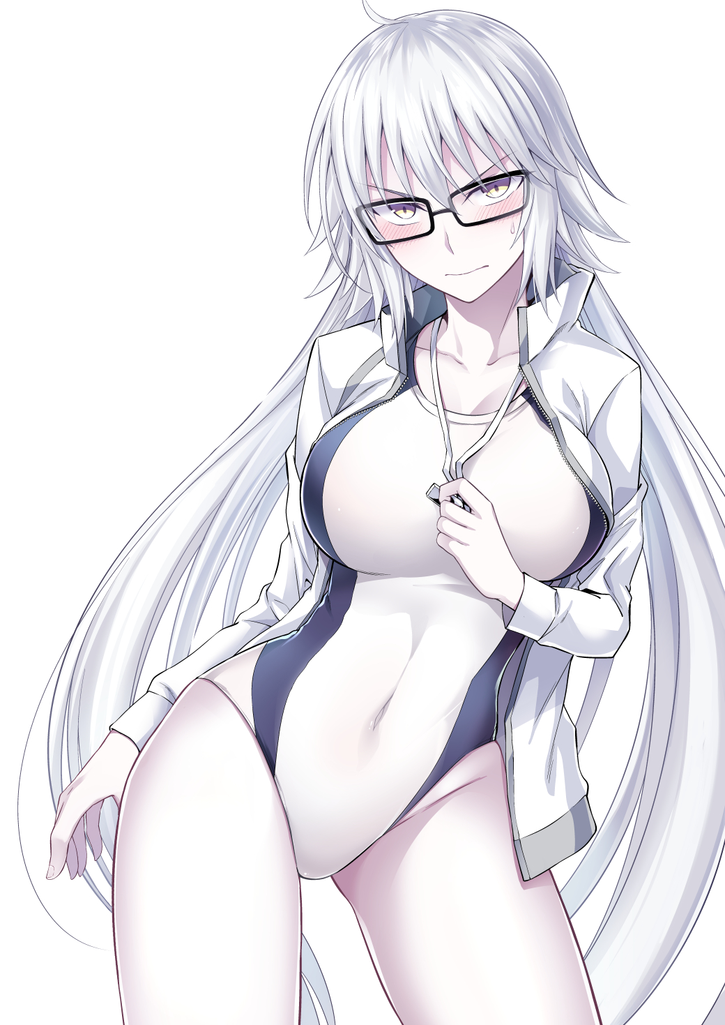 1girl ahoge bespectacled blush breasts cleavage commentary_request competition_swimsuit contrapposto cosplay covered_navel cowboy_shot fate/grand_order fate_(series) glasses hair_between_eyes highleg highleg_swimsuit highres ijima_yuu jacket jeanne_d'arc_(alter)_(fate) jeanne_d'arc_(alter_swimsuit_berserker) jeanne_d'arc_(fate)_(all) jeanne_d'arc_(swimsuit_archer) jeanne_d'arc_(swimsuit_archer)_(cosplay) large_breasts long_hair looking_at_viewer one-piece_swimsuit pale_skin solo swimsuit thighs very_long_hair whistle white_jacket yellow_eyes