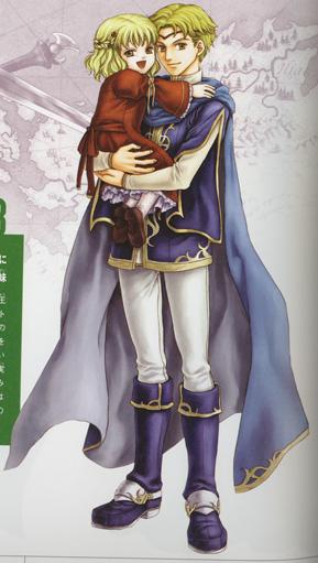 1boy 1girl blonde_hair cape child dress fire_emblem fire_emblem:_rekka_no_ken guinevere_(fire_emblem) holding nintendo official_art open_mouth red_dress scan short_hair smile wada_sachiko zephiel