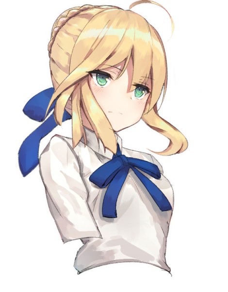 1girl ahoge aqua_eyes artoria_pendragon_(all) bangs blonde_hair blue_ribbon braid breasts closed_mouth eyebrows_visible_through_hair fate/stay_night fate_(series) french_braid frown hair_between_eyes hair_bun hair_ribbon ribbon saber shirt short_hair simple_background small_breasts solo tota_(sizukurubiks) upper_body white_background white_shirt