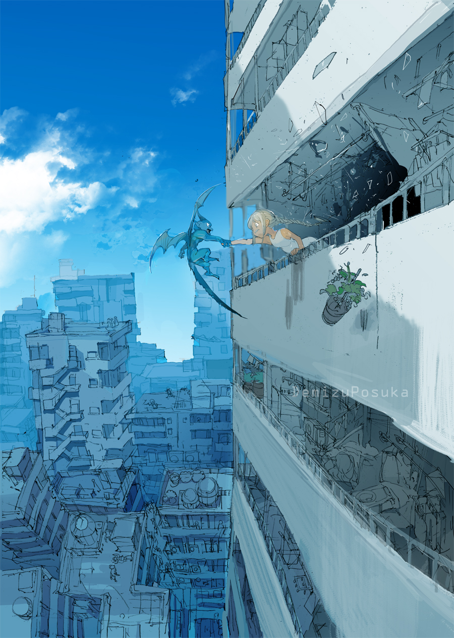 1girl action artist_name blonde_hair blue_sky blurry braid broken_glass city cityscape clouds commentary dark_skin demizu_posuka depth_of_field dress falling gargoyle glass grimace highres laundry_pole long_hair original plant potted_plant pulling scenery shade shadow single_braid sky white_dress