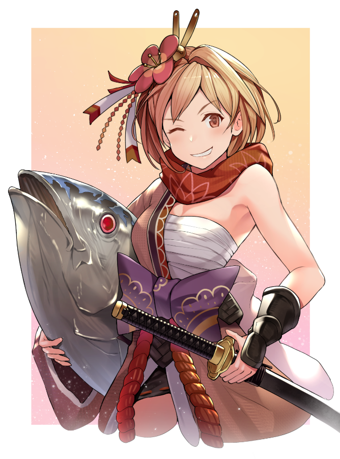 1girl ;d animal armpits bandage bare_shoulders blonde_hair bow breasts brown_eyes commentary_request cropped_legs djeeta_(granblue_fantasy) floral_print flower gradient gradient_background granblue_fantasy grin hair_flower hair_ornament hinami_(hinatamizu) holding holding_animal holding_sword holding_weapon japanese_clothes katana kimono large_bow looking_at_viewer medium_breasts one_eye_closed open_clothes open_kimono open_mouth pink_background pink_kimono print_scarf purple_bow red_flower red_scarf rope sarashi scarf sheath sheathed shiny shiny_hair short_hair single_hair_intake smile solo sword teeth tuna vambraces weapon