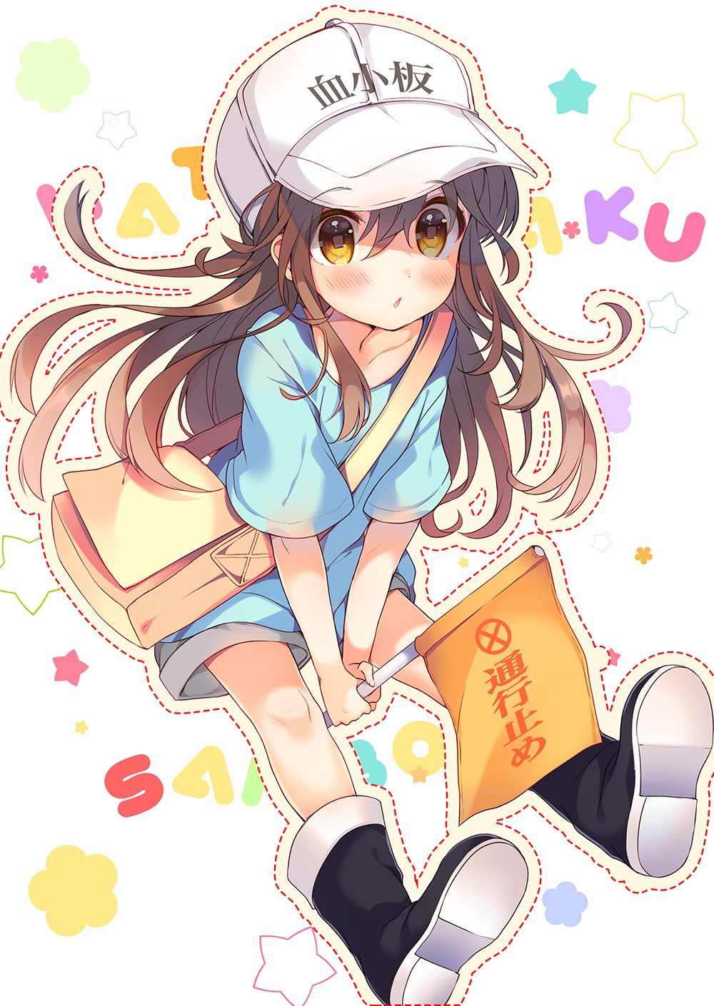 bag baseball_cap blush boots brown_hair commentary_request eyebrows_visible_through_hair eyebrows_visible_through_hat flag hat hataraku_saibou highres kindergarten_uniform long_hair messenger_bag platelet_(hataraku_saibou) shorts shoulder_bag tesumint yellow_eyes