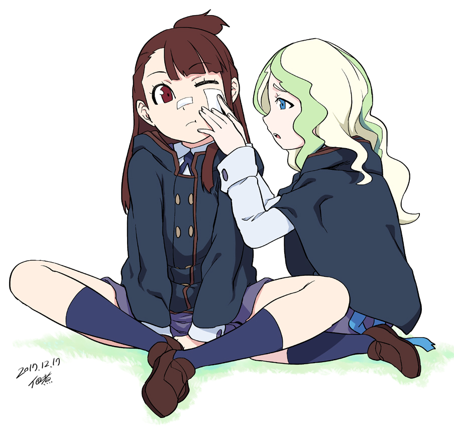 2girls bandaid_on_cheek black_jacket blue_eyes blue_legwear brown_hair brown_shorts commentary_request dated diana_cavendish green_hair indian_style jacket kagari_atsuko little_witch_academia loafers long_hair long_sleeves multiple_girls one_eye_closed parted_lips purple_skirt red_eyes shoes shorts signature simple_background sitting skirt socks topknot tsukudani_(coke-buta) white_background