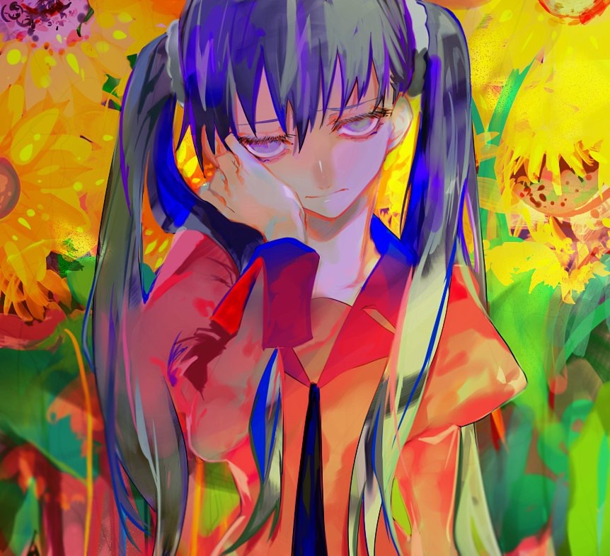 1girl eyelashes flower grey_eyes grey_hair hair_between_eyes hair_ornament hair_scrunchie hand_on_own_face juliet_sleeves long_sleeves looking_at_viewer monogatari_(series) necktie oikura_sodachi puffy_sleeves school_uniform scrunchie solo sunflower twintails um630 upper_body