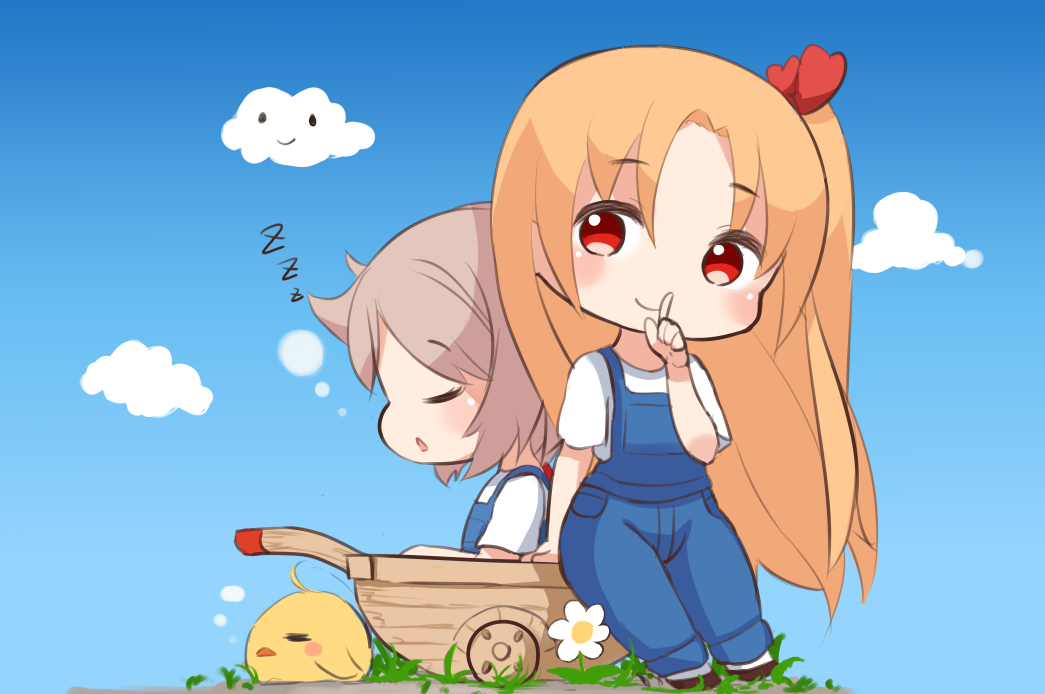 2girls ame. animal azur_lane bird blonde_hair blue_sky bow chibi chick cleveland_(azur_lane) closed_eyes closed_mouth clouds day finger_to_mouth flower grey_hair hair_bow long_hair montpelier_(azur_lane) multiple_girls one_side_up outdoors overalls parted_lips red_bow red_eyes shirt short_hair short_sleeves shushing signature sky sleeping smile very_long_hair wheelbarrow white_flower white_shirt zzz