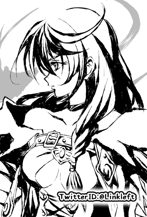 1girl belt black_choker breasts choker cleavage closed_mouth commentary_request greyscale link_(aa30) long_hair medium_breasts monochrome solo tales_of_(series) tales_of_berseria velvet_crowe