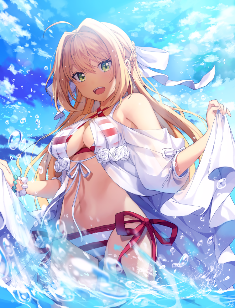 1girl :d bare_shoulders bikini blonde_hair blue_sky bow braid breasts cleavage clouds commentary_request criss-cross_halter day fate/grand_order fate_(series) flower green_eyes hair_bow hair_intakes halterneck holding kim_bae-eo long_hair looking_at_viewer medium_breasts navel nero_claudius_(fate)_(all) nero_claudius_(swimsuit_caster)_(fate) open_mouth outdoors puffy_short_sleeves puffy_sleeves rose see-through short_sleeves side-tie_bikini sky smile solo standing striped striped_bikini swimsuit very_long_hair wading water white_bow white_flower white_rose