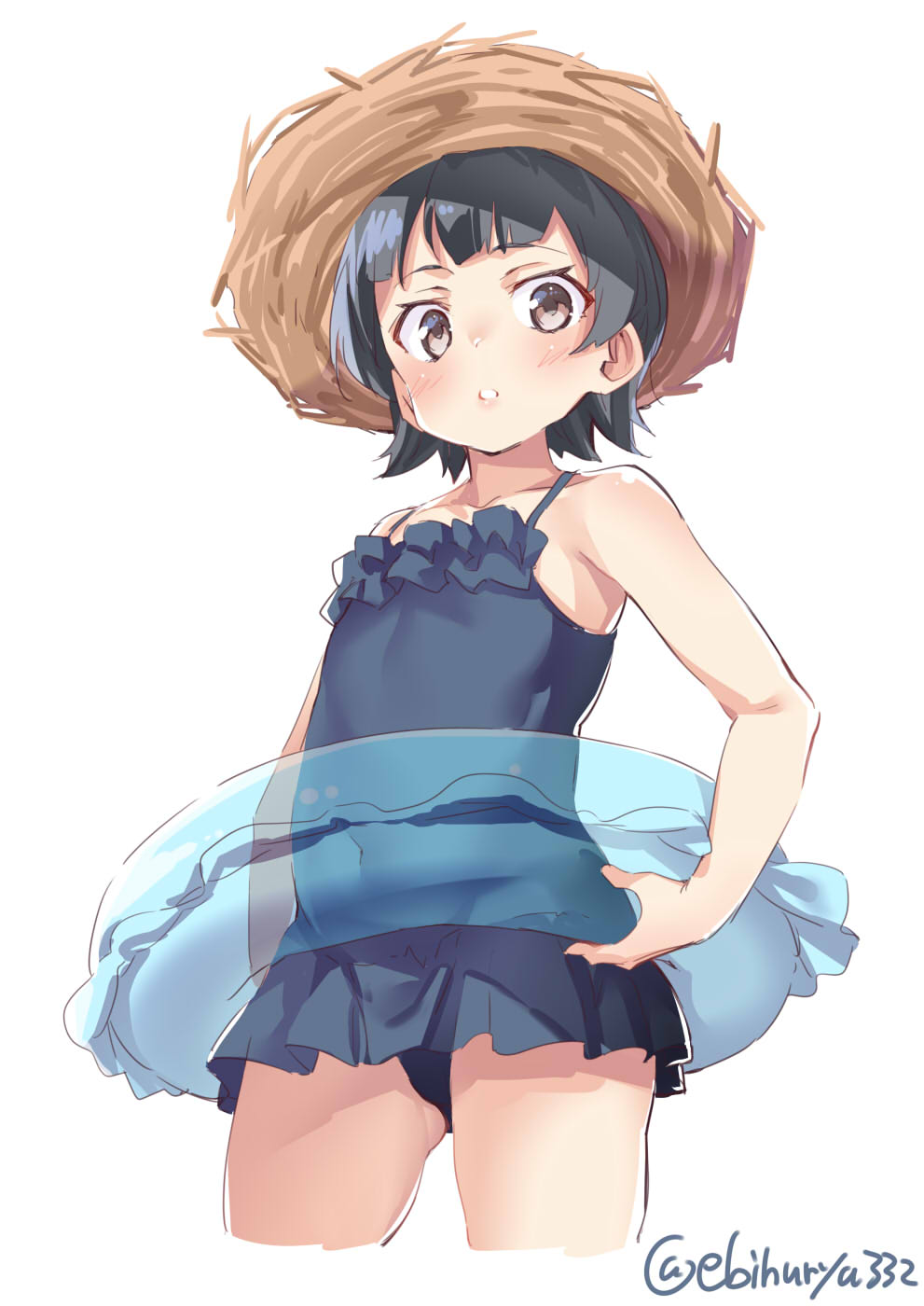 1girl arare_(kantai_collection) ass_visible_through_thighs black_hair blue_swimsuit blush brown_eyes casual_one-piece_swimsuit collarbone ebifurya eyebrows_visible_through_hair frilled_swimsuit frills hat highres innertube kantai_collection looking_at_viewer one-piece_swimsuit open_mouth short_hair simple_background solo straw_hat swimsuit swimsuit_skirt twitter_username white_background