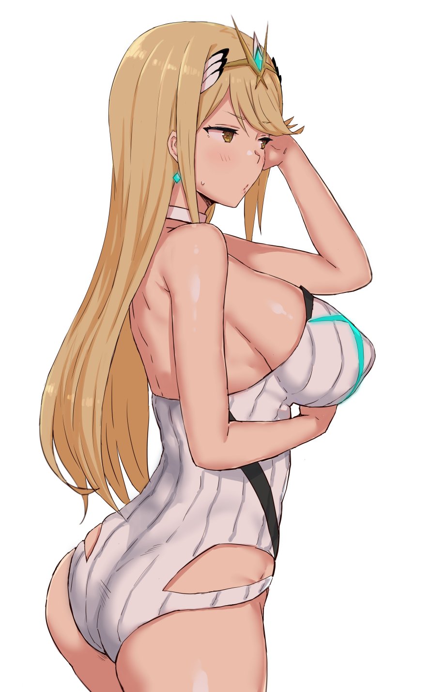 1girl ass bare_shoulders blonde_hair blush breasts go-m highres mythra_(xenoblade) long_hair navel nintendo one-piece_swimsuit simple_background solo swimsuit xenoblade_(series) xenoblade_2 yellow_eyes