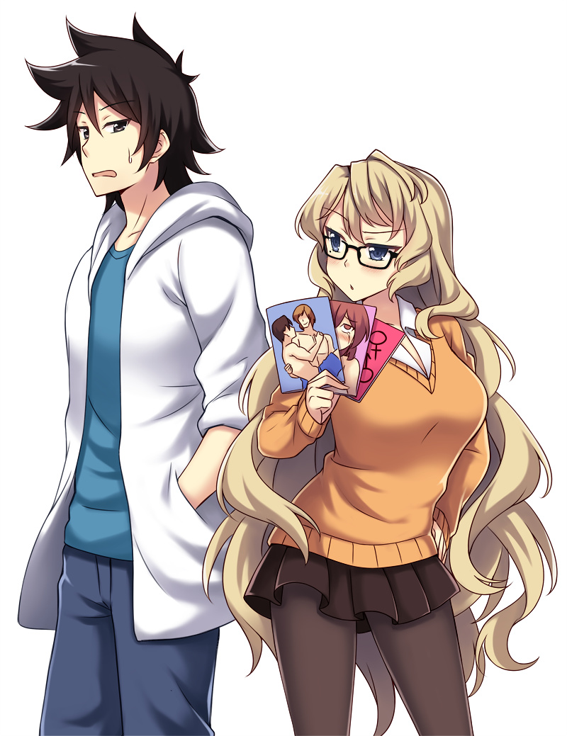 1boy 1girl black-framed_eyewear black_hair black_skirt blonde_hair blue_eyes blush breasts brown_legwear curly_hair furi2play hands_in_pockets height_difference hood hoodie long_hair manga_(object) margit_(furi2play) medium_breasts mole mole_under_eye pantyhose peach_(momozen) skirt spiky_hair sweatdrop sweater very_long_hair west_(furi2play) white_background