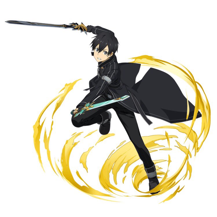 1boy belt black_eyes black_gloves black_hair black_pants black_shirt clenched_teeth dual_wielding fingerless_gloves full_body gloves hair_between_eyes holding holding_sword holding_weapon kirito leg_up looking_at_viewer male_focus official_art outstretched_arms pants running shirt simple_background solo sword sword_art_online sword_art_online:_code_register teeth weapon white_background