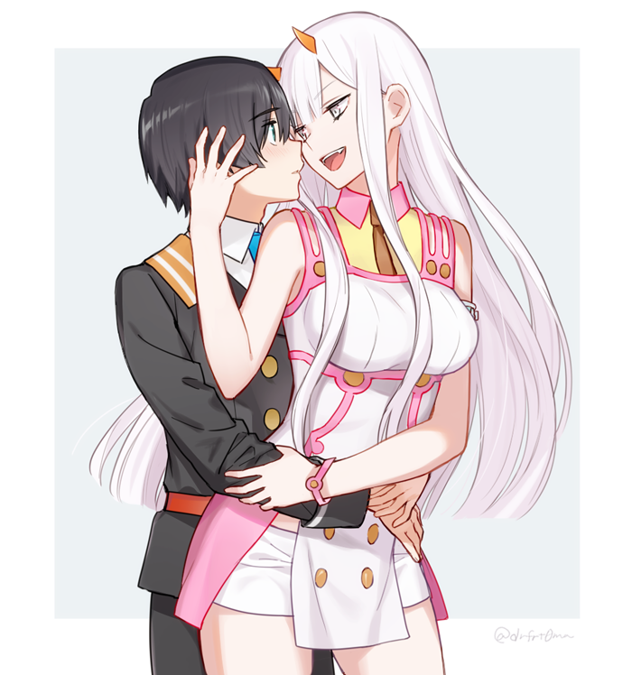 1boy 1girl bangs bare_shoulders black_hair blue_eyes blue_neckwear blush bracelet breasts collared_shirt commentary_request couple darling_in_the_franxx eyebrows_visible_through_hair fangs grey_eyes grey_shirt grey_shorts hand_on_another's_arm hand_on_another's_head hand_on_own_wrist hetero hiro_(darling_in_the_franxx) horns hug hug_from_behind jewelry long_hair long_sleeves looking_at_another looking_back medium_breasts military military_uniform necktie oni_horns pink_bracelet shirt short_shorts shorts signature silver_hair sleeveless sleeveless_shirt thighs toma_(norishio) uniform white_shirt white_shorts wing_collar zero_two_(darling_in_the_franxx)