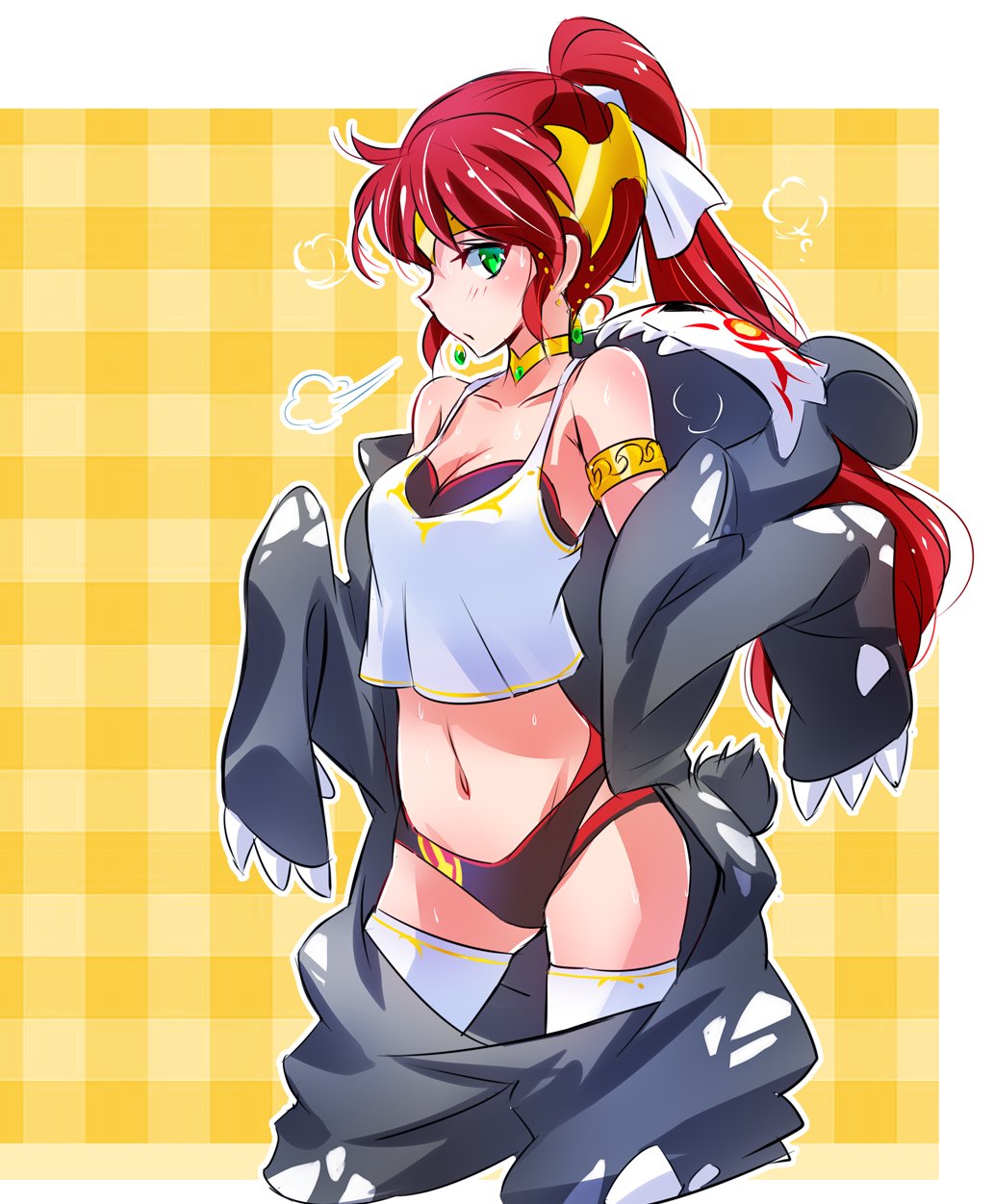 1girl circlet collarbone costume earrings forehead_protector green_eyes highres iesupa jewelry long_hair midriff navel ponytail pyrrha_nikos redhead rwby solo tank_top thigh-highs