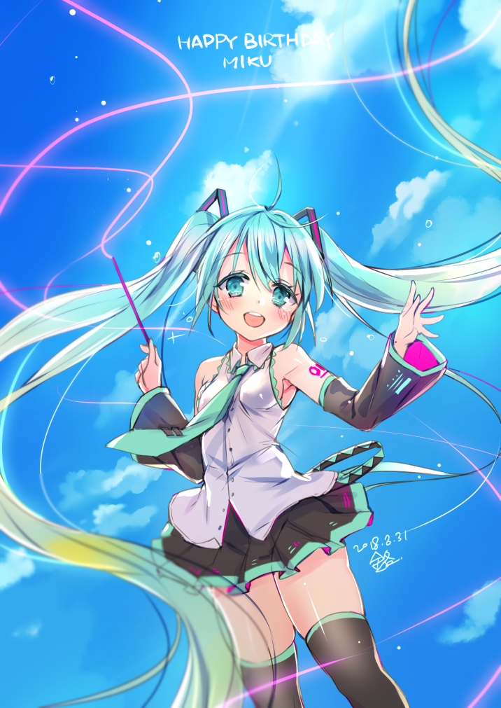 1girl :d ahoge bangs bare_shoulders black_hair black_skirt blue_sky blush breasts character_name clouds commentary_request dated day detached_sleeves dutch_angle eyebrows_visible_through_hair green_eyes green_hair green_neckwear hair_between_eyes hair_ornament happy_birthday hatsune_miku head_tilt holding jin_young-in long_hair long_sleeves looking_at_viewer necktie open_mouth outdoors pleated_skirt round_teeth shirt signature skirt sky sleeveless sleeveless_shirt small_breasts smile solo tears teeth thigh-highs tie_clip twintails upper_teeth very_long_hair vocaloid white_shirt wide_sleeves