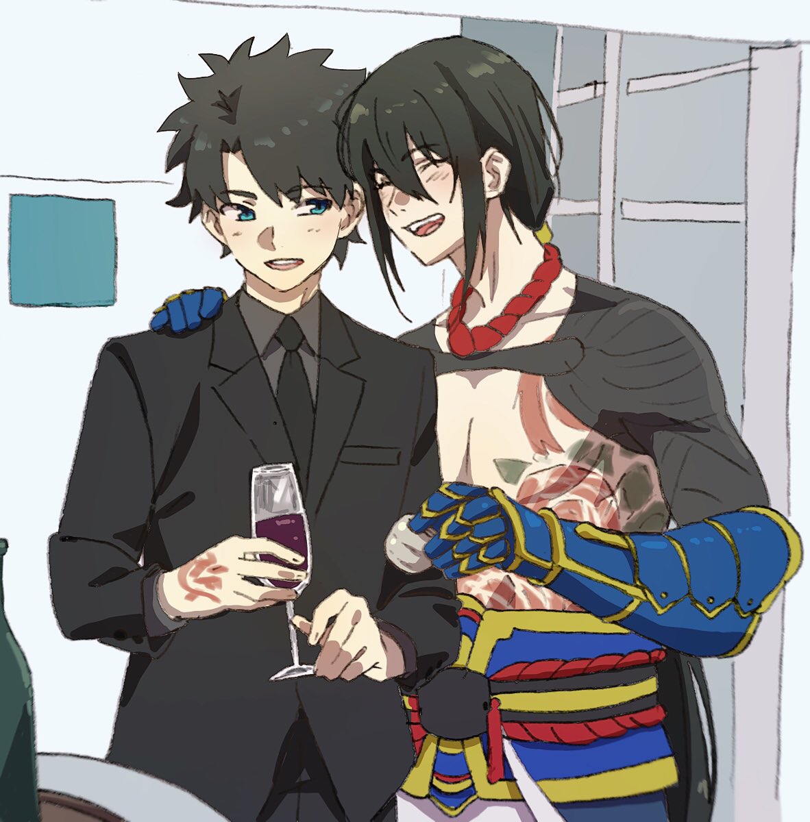 2boys :d alcohol black_jacket black_neckwear black_pants blue_eyes champagne_flute closed_eyes collared_shirt command_spell commentary_request cup drinking_glass eyebrows_visible_through_hair fate/grand_order fate_(series) fujimaru_ritsuka_(male) gauntlets grey_hair grey_shirt hand_on_another's_shoulder highres holding jacket jewelry long_hair looking_at_another male_focus mi_(pic52pic) multiple_boys necklace necktie open_mouth pants ponytail shirt shirtless smile standing tattoo wine wine_glass wing_collar yan_qing_(fate/grand_order)
