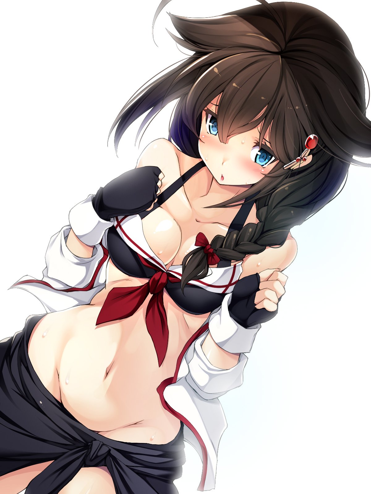 1girl ahoge alternate_costume bare_shoulders bikini black_gloves black_sarong blue_eyes blush braid breasts brown_hair cleavage collarbone fingerless_gloves gloves groin hair_between_eyes hair_flaps hair_ornament hair_over_shoulder hair_ribbon hands_up highres kantai_collection long_hair looking_at_viewer navel open_mouth remodel_(kantai_collection) ribbon sarong shigure_(kantai_collection) simple_background single_braid solo stomach sweat swimsuit torisan white_background