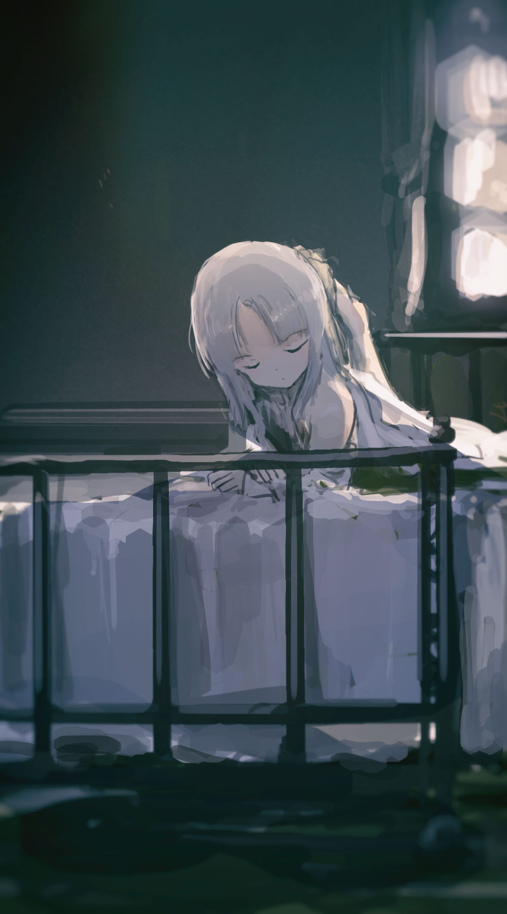 1girl bed bed_sheet blurry brave_witches closed_eyes dark edytha_rossmann highres kabuyama_kaigi leg_up lying morning on_stomach short_hair silver_hair solo strike_witches waking_up window world_witches_series