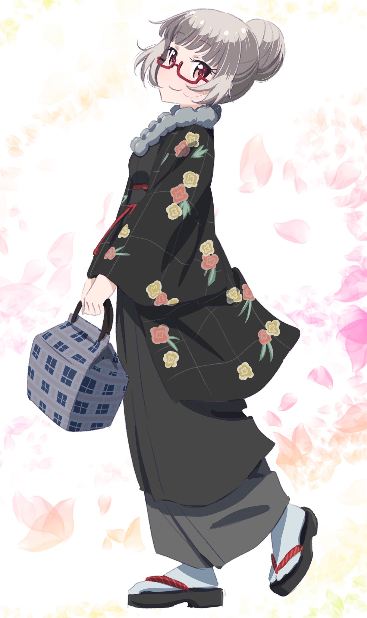 1girl bag bangs blunt_bangs closed_mouth commentary_request eyebrows_visible_through_hair from_side grey_footwear grey_hair grey_kimono hair_bun haori hazuki_shizuku highres holding japanese_clothes kimono long_sleeves looking_at_viewer looking_to_the_side new_game! pink_x platform_footwear red-framed_eyewear semi-rimless_eyewear short_hair smile solo standing tabi under-rim_eyewear violet_eyes white_legwear wide_sleeves yukata