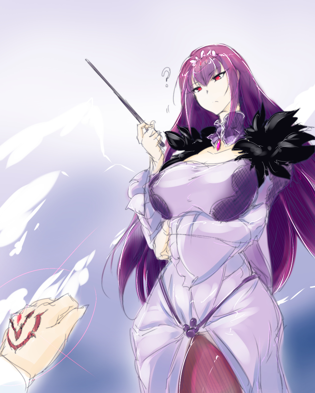 1girl ? bangs breasts chaldea_uniform cleavage command_spell dress fate/grand_order fate_(series) fujimaru_ritsuka_(male) fur_trim hair_between_eyes head_tilt highres jewelry karakure_(kamo-nanban) large_breasts long_hair looking_at_viewer open_mouth purple_dress purple_hair red_eyes scathach_(fate)_(all) scathach_skadi_(fate/grand_order) sketch solo tiara wand