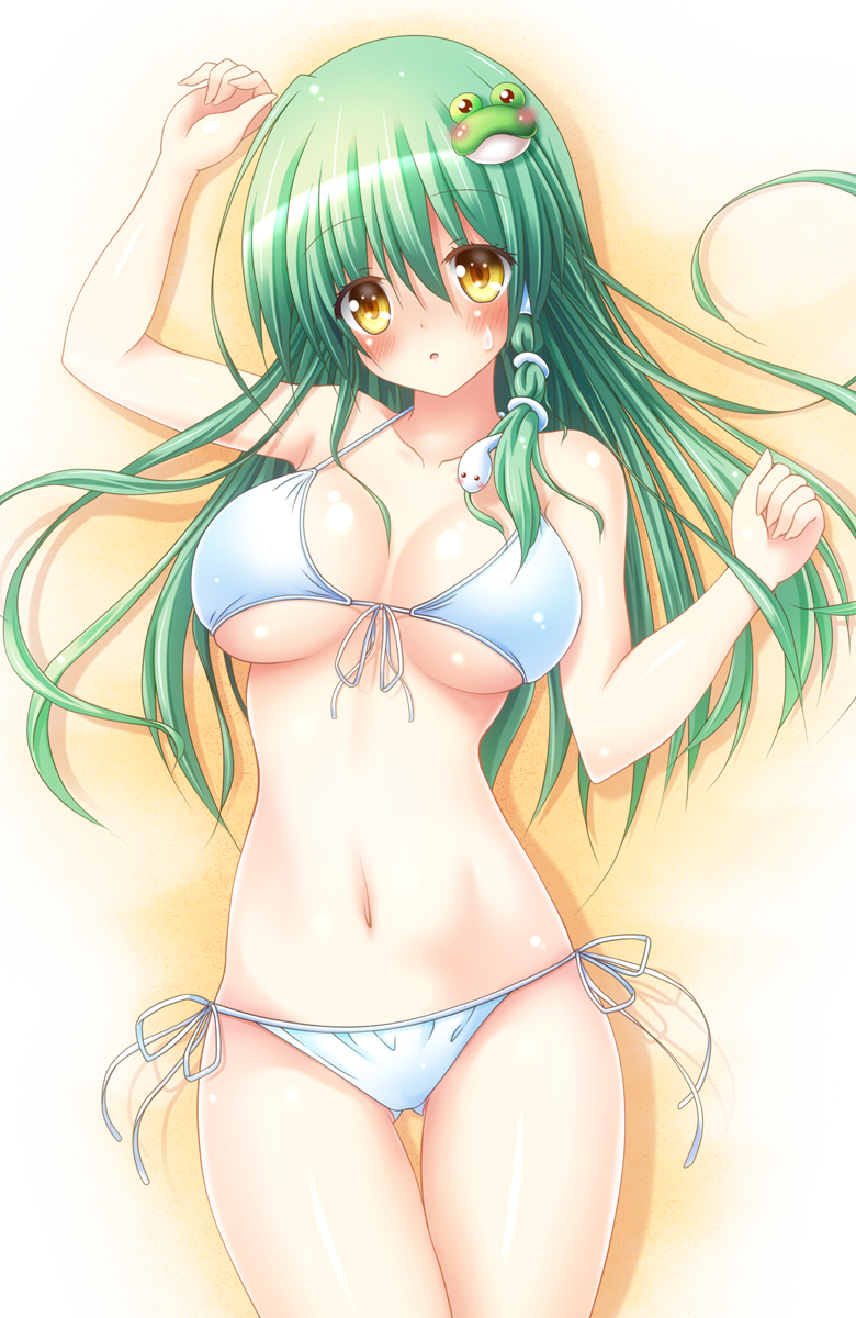 1girl ass_visible_through_thighs bikini blush breasts breasts_apart commentary_request eyes_visible_through_hair frog_hair_ornament green_hair hair_between_eyes hair_ornament highres kochiya_sanae large_breasts long_hair looking_at_viewer navel open_mouth osashin_(osada) side-tie_bikini simple_background snake_hair_ornament solo stomach swimsuit thigh_gap thighs touhou white_bikini yellow_eyes