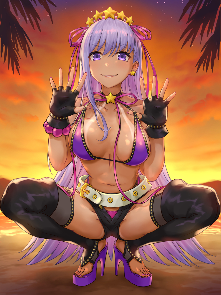1girl bb_(fate)_(all) bb_(swimsuit_mooncancer)_(fate) beach belt bikini_tan blush breasts earrings fate/grand_order fate_(series) fingerless_gloves gloves gyaru hair_ribbon high_heels jewelry large_breasts lips long_hair looking_at_viewer open_fly purple_hair purple_ribbon ribbon short_shorts shorts shouhei smile solo squatting star star_earrings sunset tan tanline thigh-highs very_long_hair violet_eyes water