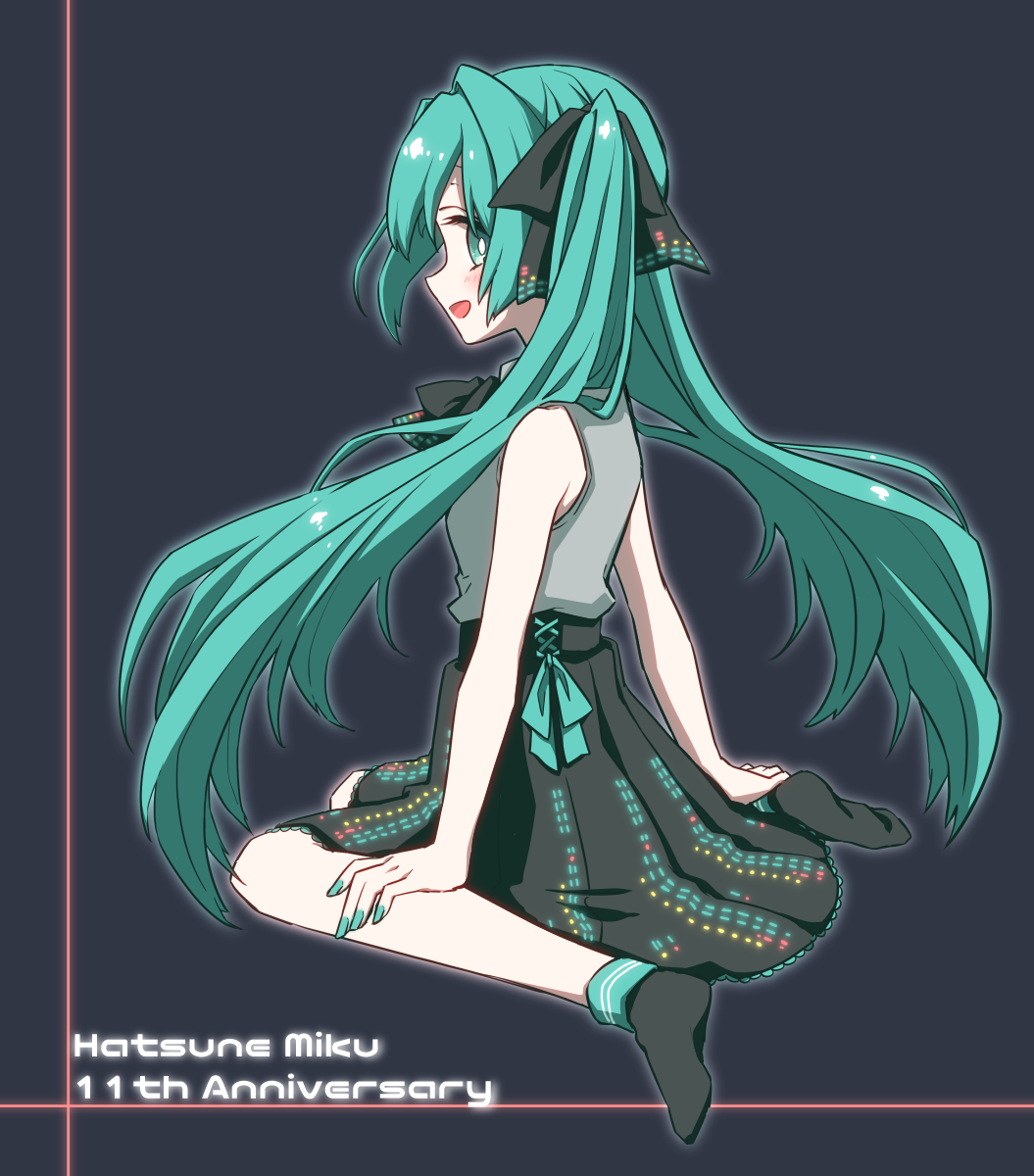 1girl :d aqua_hair aqua_nails black_background black_skirt character_name commentary_request full_body green_eyes grey_shirt hatsune_miku highres long_hair nail_polish open_mouth petit_ramune pleated_skirt profile shirt simple_background sitting skirt sleeveless sleeveless_shirt smile socks solo twintails very_long_hair vocaloid wariza