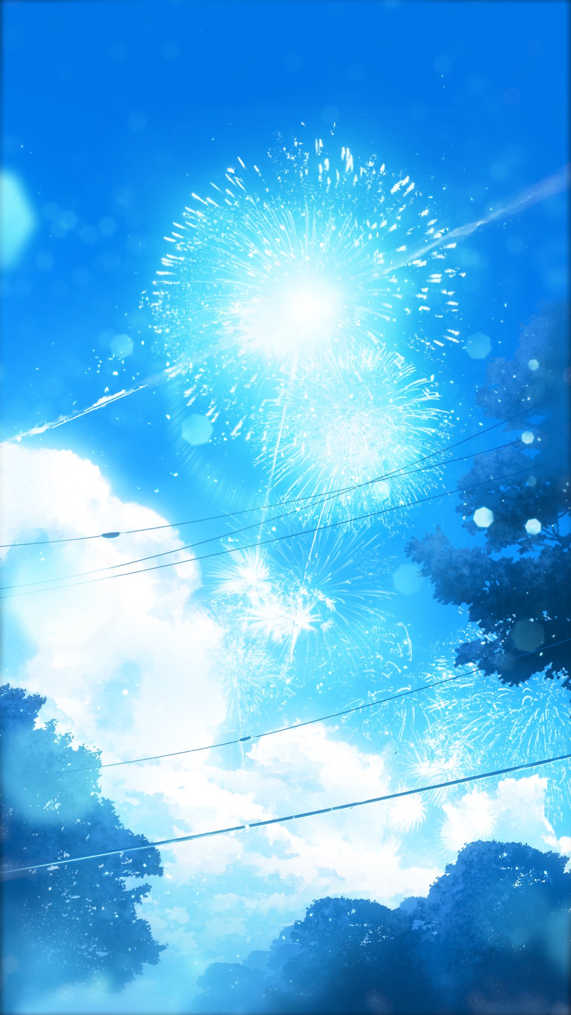 blue blue_sky clouds commentary_request day fireworks highres lens_flare monochrome no_humans original outdoors power_lines sky tree y_y_(ysk_ygc)