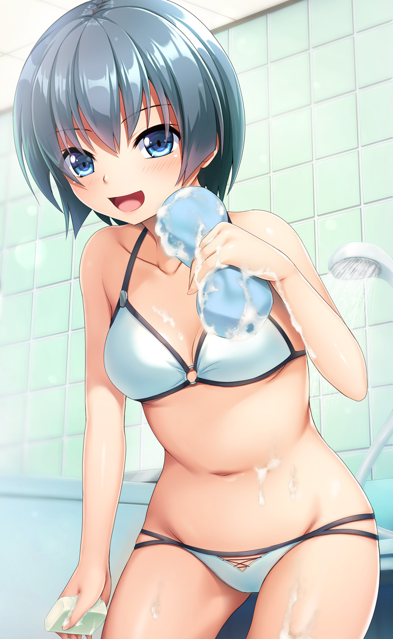 1girl bathroom bathtub bikini blue_eyes blush breasts collarbone cowboy_shot eyebrows_visible_through_hair hair_between_eyes hand_up highres holding indoors looking_at_viewer lowleg lowleg_bikini multi-strapped_bikini navel noshimasa o-ring o-ring_bikini o-ring_top original shiny shiny_skin short_hair shower_head sidelocks silver_hair small_breasts soap soap_bubbles solo sponge string_bikini swimsuit tile_wall tiles under_boob water white_bikini