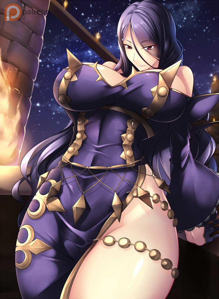 bare_shoulders breasts brown_eyes closed_mouth commentary covered_navel crymaria_levin detached_sleeves dress english_commentary eyes_visible_through_hair from_below haganef large_breasts night night_sky patreon_logo purple_dress purple_hair senjou_no_valkyria_4 side_slit sky standing star_(sky) starry_sky thighs wide_sleeves