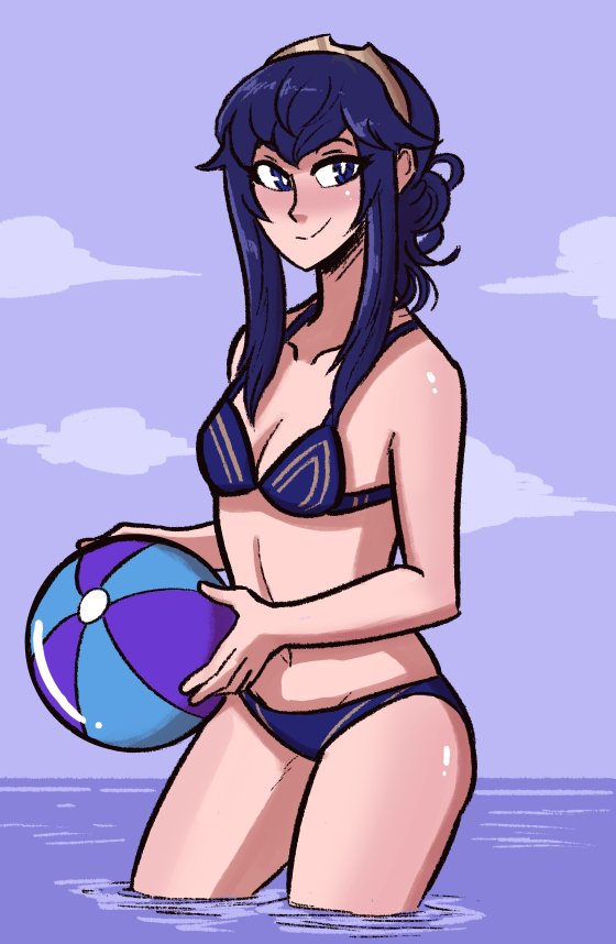 1girl ball beach bikini blue_eyes blue_hair fire_emblem fire_emblem:_kakusei fire_emblem_heroes looking_at_viewer lucina navel nintendo ocean scruffyturtles simple_background smile solo swimsuit tiara tied_hair water