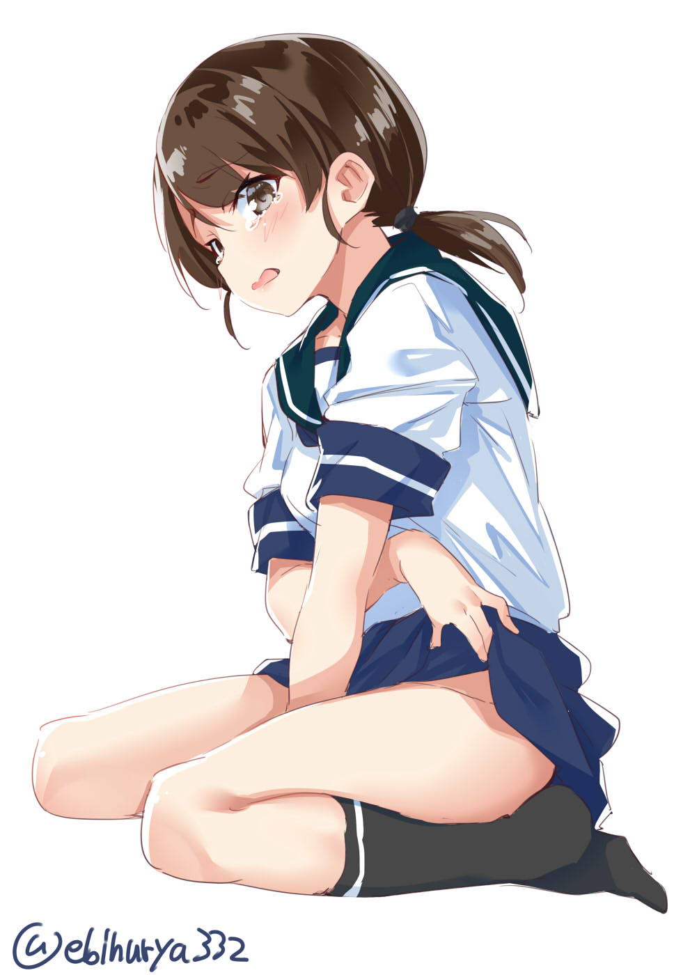 1girl black_legwear blue_skirt blush breasts brown_eyes brown_hair crying crying_with_eyes_open ebifurya eyebrows_visible_through_hair highres kantai_collection kneehighs lifted_by_self long_hair looking_at_viewer miniskirt no_panties no_shoes open_mouth sailor_collar school_uniform serafuku shirayuki_(kantai_collection) short_sleeves simple_background sitting skirt skirt_lift small_breasts solo tears twintails wariza white_background