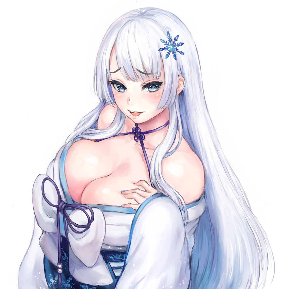 1girl bare_shoulders blue_eyes breasts cleavage commentary_request hair_ornament japanese_clothes kimono large_breasts long_hair mole mole_under_mouth original raised_eyebrows shu-mai simple_background smile snowflake_hair_ornament snowflakes solo white_background white_hair yuki_onna